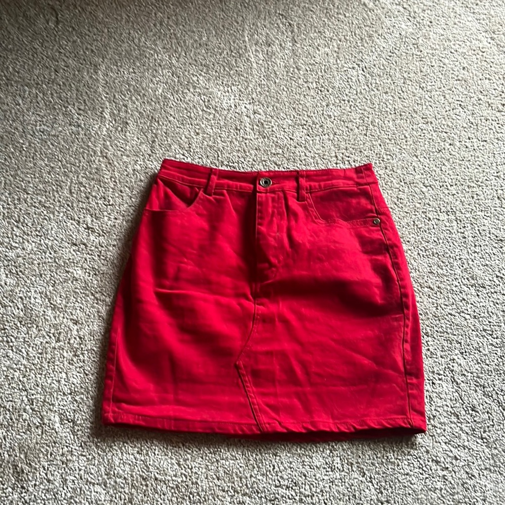 Red denim mini skirt